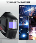 Internal Control Auto Darkening Welding Helmet With True Color Solar Powered Hood displayed with welding process images.