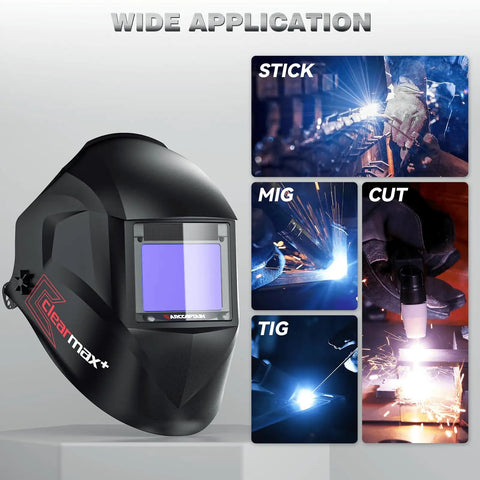 Internal Control Auto Darkening Welding Helmet With True Color Solar Powered Hood displayed with welding process images.