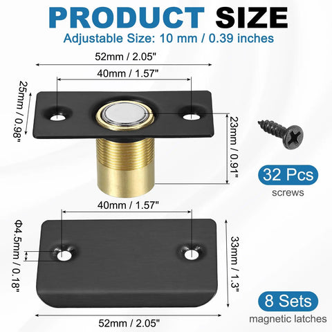 Magnetic Door Ball Catch Set, 8 Pack for Top Of Doors And Invisible Cabinets, with measurements and screws, black finish.