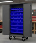 Top Shelf Industrial Rolling Steel Storage Cabinet Built Straight Up With Thirty Blue Sorting Bins Secure Locking Doors And Smooth Caster Wheels For Garage Organization, open view with blue bins.