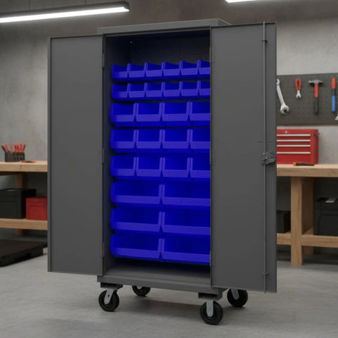 Top Shelf Industrial Rolling Steel Storage Cabinet Built Straight Up With Thirty Blue Sorting Bins Secure Locking Doors And Smooth Caster Wheels For Garage Organization, open view with blue bins.