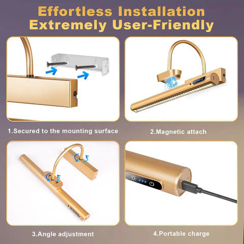 Cordless Picture Light With Dimmable Brightness And Timer, Controller Included, Rechargeable 5000mAh Battery, Gold Wall Sconce installation steps