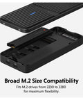 Tool Free USB4 NVMe SSD Enclosure Pushing Straight Up 80Gbps Speeds With Thunderbolt 5 Compatibility showing broad M.2 size compatibility for 2230 to 2280 drives.