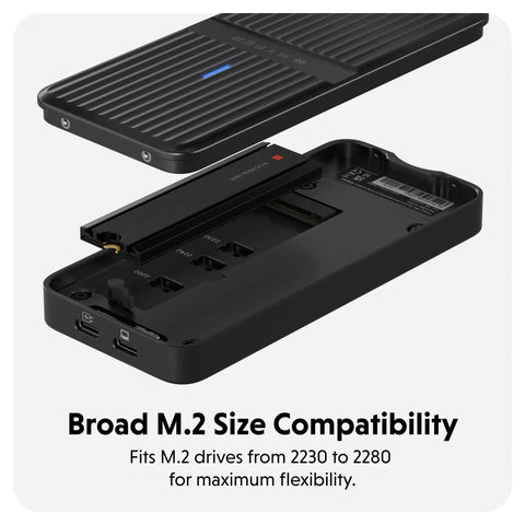Tool Free USB4 NVMe SSD Enclosure Pushing Straight Up 80Gbps Speeds With Thunderbolt 5 Compatibility showing broad M.2 size compatibility for 2230 to 2280 drives.
