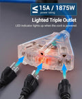 Retractable Extension Cord Reel With 50 Ft Heavy Duty Power Cord 14 AWG 3 Conductor SJTOW Three Grounded Outlets, lighted triple tap