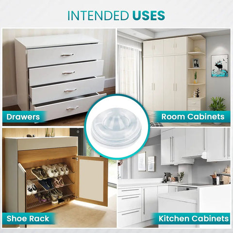 200 Pack Cabinet Bumpers With Soft Close No Slam Self Adhesive Rubber Pads For Quiet Doors Drawers Cupboards And Furniture Sound Dampening In Kitchen Pantry And Home shown in kitchen and room cabinets, shoe rack, and drawers.