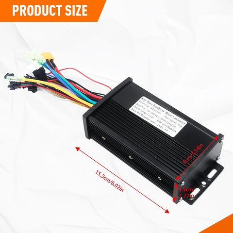 Beefed-Up Ebike Controller For 36V 48V 64V Systems, 750W 1000W, aluminum enclosure with wiring, dimensions labeled