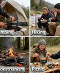 Portable Camping Cooking Set With Folding Wind Screen Lightweight Aluminum Pots And Pan 800ml Teapot 2 Cups And Plates