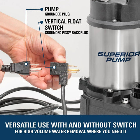 Hands showing electrical plugs on Beefy 1/2 HP Stainless Steel And Cast Iron Sump Pump With Vertical Switch, Moves Up To 4500 GPH.