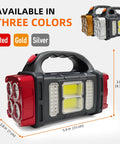 Solar Handheld Flashlight With Four Lighting Modes Rechargeable LED Work Light USB C Enabled Solar Powered, available in red, gold, silver