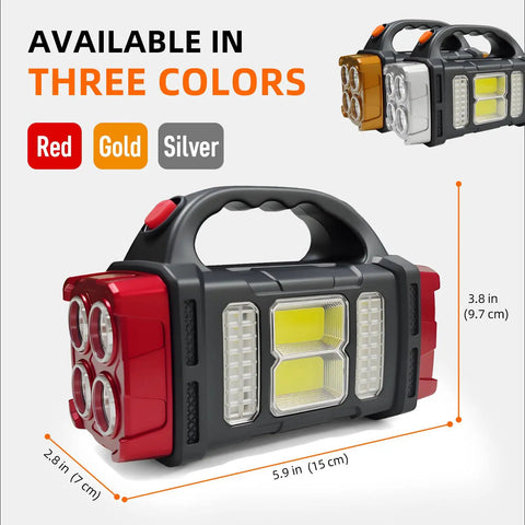 Solar Handheld Flashlight With Four Lighting Modes Rechargeable LED Work Light USB C Enabled Solar Powered, available in red, gold, silver