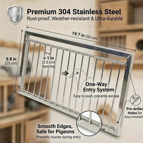 Heavy Duty 304 Stainless Steel Pigeon Loft Trap Door With Bob Wire, Weatherproof Outdoor Bird Access Panel in close-up angle
