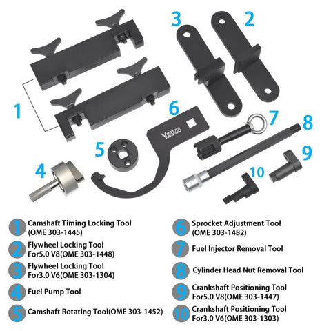 Land Rover Jaguar Camshaft Timing Tool Kit For 5.0L V8 And 3.0L Supercharged V6 Engines, Engine Timing Tool With Fuel Pump And Injector Remover displayed with 12 pieces