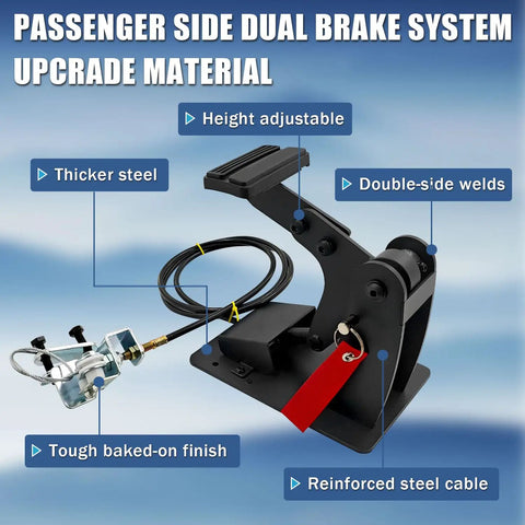 Universal Passenger Side Dual Brake Pedal Conversion Kit, height adjustable with double-side welds and reinforced steel cable