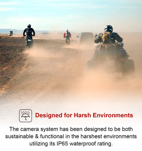 Motorcyclists using 4K Helmet POV Action Cam in desert, demonstrating IP65 water resistance and durability for riders.
