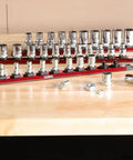 Fifteen And A Half Inch Magnetic Socket Rail Kit With Twist Lock Aluminum Holder For SAE And Metric Sockets Holds Twelve Per Rail Up To Thirty Six Sockets Across Three Rails For A Clean Go To Tool Box Setup on wooden table