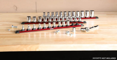 15.5 Inch Red Twist Lock Magnetic Socket Rail Set for toolbox organization, holds 36 sockets, shown on a wooden workbench.