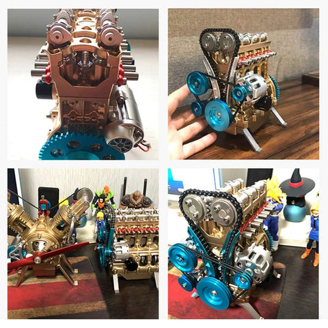 4 Cylinder Metal Engine Model Kit That Actually Works With 325 Precision Parts For DIY Car Engine Build Perfect For Gearheads And Science Buffs Aluminum Finish DM13 front view with blue pulleys and stand
