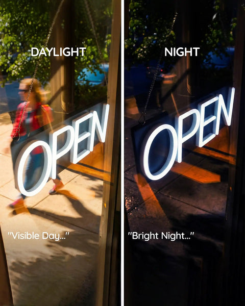 Lit White Neon Open Sign With Remote For Business Front Window Display 20x7 Inch LED Light Up Sign showing day and night view