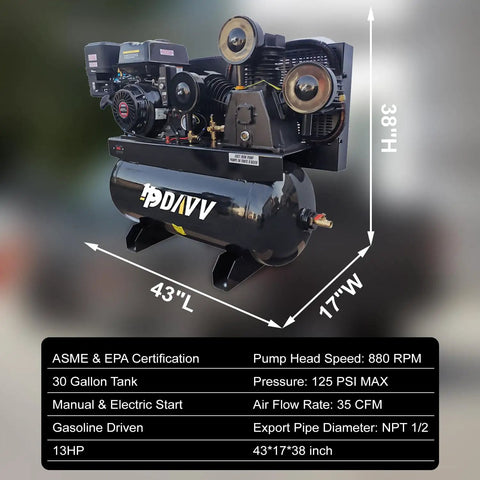 Heavy Duty Gas Piston Air Compressor 13HP 44CFM 30 Gal Tank 125PSI For Industrial Use Reliable Power And Efficiency
