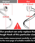 Comparison of original and replacement stainless steel spiral dough hook with measurements for 4.5 and 5 quart tilt-head mixers.