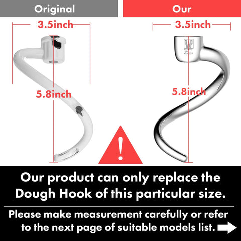 Comparison of original and replacement stainless steel spiral dough hook with measurements for 4.5 and 5 quart tilt-head mixers.