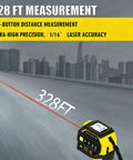Straight Up Heavy Duty 4 In 1 Laser Tape Measure Boasting 328 Foot Range And 16 Foot Steel Backup showing 328ft laser measurement.
