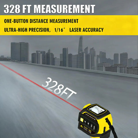 Straight Up Heavy Duty 4 In 1 Laser Tape Measure Boasting 328 Foot Range And 16 Foot Steel Backup showing 328ft laser measurement.