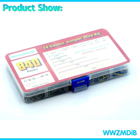 Breadboard Jumper Wires Kit With 840 Pcs in plastic dispenser box, showing 14 length variants from 2 to 125 millimeters