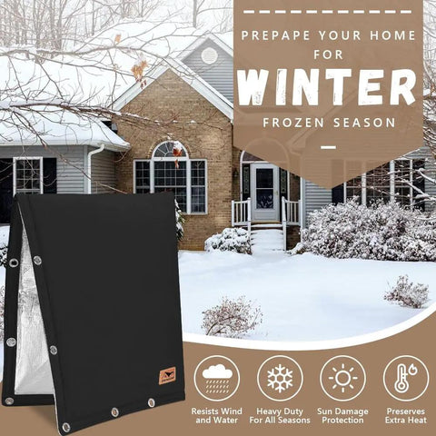 Backflow Preventer Insulation Cover With L Shaped Opening And 2 Way Access For Irregular Pipes Outdoor Sprinkler And Irrigation Valve Cover Winter Freeze Protection 24 By 24 Inches Black in front of snowy house.
