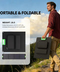Man carrying 200W Portable Solar Panel For Power Station Foldable Solar Charger with 4 Kickstands in outdoor setting.