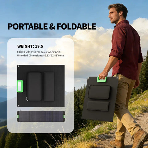 Man carrying 200W Portable Solar Panel For Power Station Foldable Solar Charger with 4 Kickstands in outdoor setting.