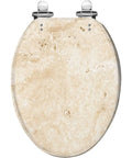 Toilet Seat Elongated for Bathroom Use in beige stone finish with adjustable chrome hinges, top view.