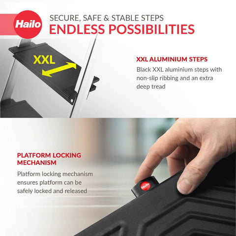 Six Step Aluminum Step Ladder With 330 Lb Capacity, 129.1 Inch Reach, Heavy Duty Build, Extendable Safety Bar, Locking Platform, Non Slip Steps, Tool Tray, Bucket Strap And Hook, EasyClix Ready For Fast Setup And Secure, High Reach Work black XXL platform lock and non-slip steps