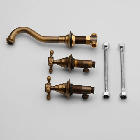 Antique Brass Bathroom Sink Faucet Set With Ceramic Disc Valve, Widespread Design, Built To Last Solid Brass Construction components