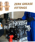 Mechanic using Pro Grade 25 Piece Hydraulic Grease Fittings Kit With Locking Clamp And Industrial Caps And Couplers Angled Nozzles