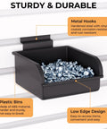 Straight Shot Setup 12 Pack Plastic Slatwall Bins With Heavy Duty Metal Hooks Engineered For Retail Store Shelving Merchandise Display And Shop Inventory Management Systems, showing black plastic bin with screws.