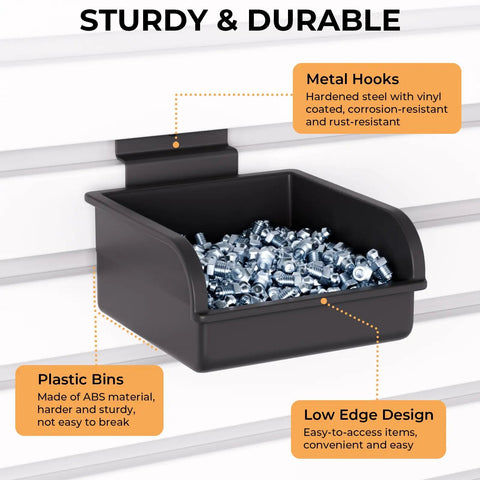 Straight Shot Setup 12 Pack Plastic Slatwall Bins With Heavy Duty Metal Hooks Engineered For Retail Store Shelving Merchandise Display And Shop Inventory Management Systems, showing black plastic bin with screws.