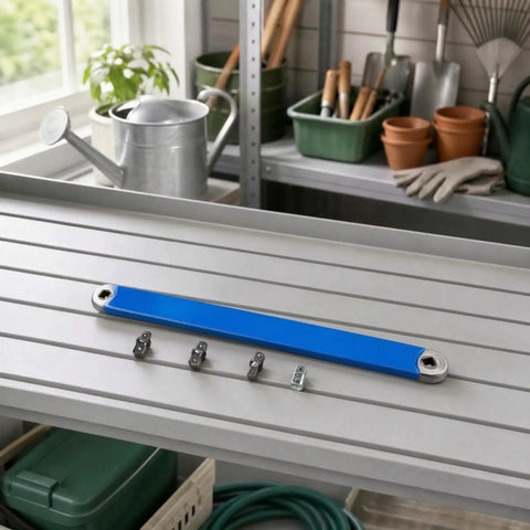 Premium Heavy Duty Offset Extension Wrench with interchangeable socket adapters on a workbench for auto repair tasks.