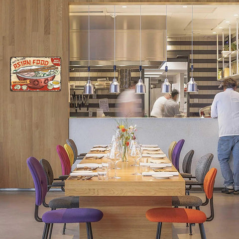 Kickin Retro Ramen Metal Sign Wall Decor For Kitchen And Home Office Asian Food Tin Sign in a modern dining area