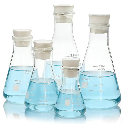 Go To Lab Erlenmeyer Flask Set With Borosilicate Glass, Five Size Graduated Conical Flasks 300 mL, 250 mL, 150 mL, 100 mL, 50 mL