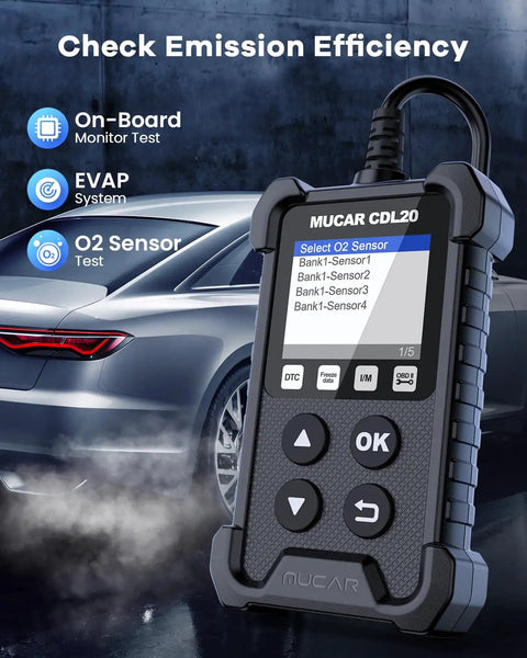 CDL20 Universal OBD2 Scanner Check Engine Car Code Reader displayed with car and diagnostic options.
