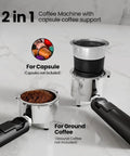 2 in 1 coffee machine for capsules and ground coffee with stainless steel and black handle, showcasing its dual functionality.