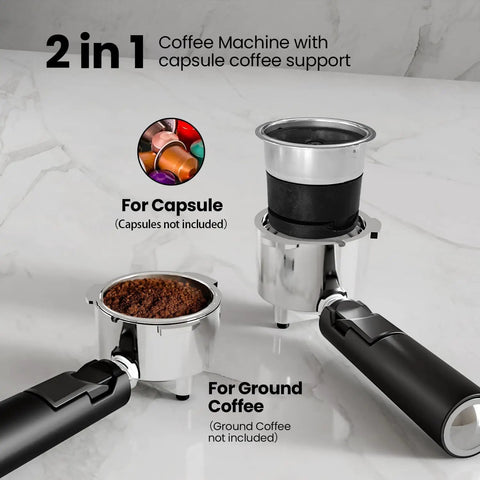 2 in 1 coffee machine for capsules and ground coffee with stainless steel and black handle, showcasing its dual functionality.