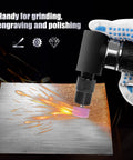 Badass Compact Air Die Grinder With Right Angle 20000 RPM Pneumatic Drive in use, grinding metal surface with sparks.