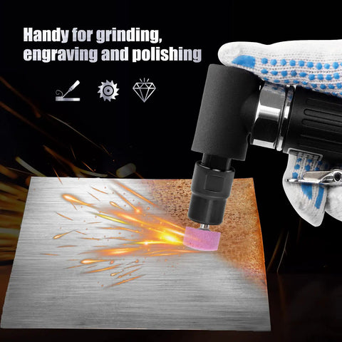 Badass Compact Air Die Grinder With Right Angle 20000 RPM Pneumatic Drive in use, grinding metal surface with sparks.