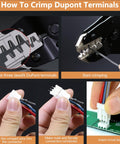 6 In 1 Wire Crimping Tool For Non-Insulated Open Barrel Terminals showing how to crimp DuPont terminals with detailed steps.