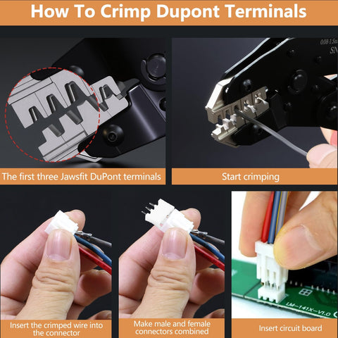 6 In 1 Wire Crimping Tool For Non-Insulated Open Barrel Terminals showing how to crimp DuPont terminals with detailed steps.