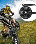 Cyclist on trail with inset of Beefy High Carbon Steel Mountain Bike Crankset 24-34-42T With Chain Guard, Durable Crank Tooth Plate
