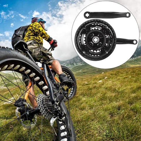 Cyclist on trail with inset of Beefy High Carbon Steel Mountain Bike Crankset 24-34-42T With Chain Guard, Durable Crank Tooth Plate